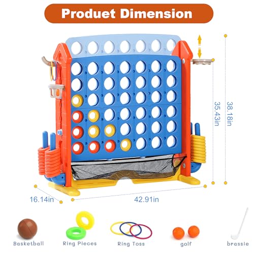 4-to-Score Giant Game Set, 4-in-1 Indoor Outdoor Yard Family Connect Game (4-in-a-Row + Basketball + Ring Toss + Mini Golf), Height Adjustable 2.5–3.3FT, Includes Carry Bag - size: 43"x16"x38"-Orange&Blue