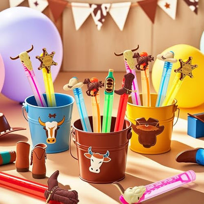 Winrayk Western Cowboy Party Favors, 24Pcs Self-designed Mini Bubble Wands for Kids Bubbles Bulk & Detachable Topper (6 Styles & Colors), Birthday Gift Pinata Filler Goodie Bag Stuffer Classroom Prize - style: Cowboy