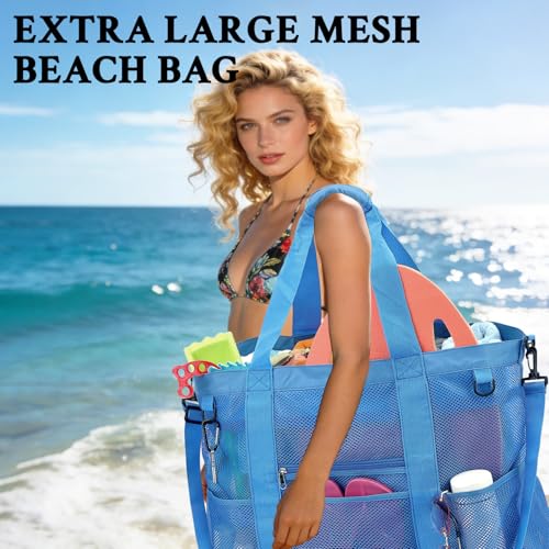 GYEUKHAM Mesh Beach Bag for Women, Sand-Resistant Pool Tote, 9 Pockets (1 Inner Zip), Foldable Family Travel Essentials - color: Extra Large - Blue