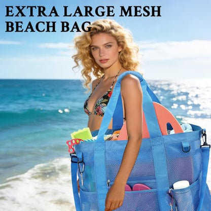 GYEUKHAM Mesh Beach Bag for Women, Sand-Resistant Pool Tote, 9 Pockets (1 Inner Zip), Foldable Family Travel Essentials - color: Extra Large - Blue