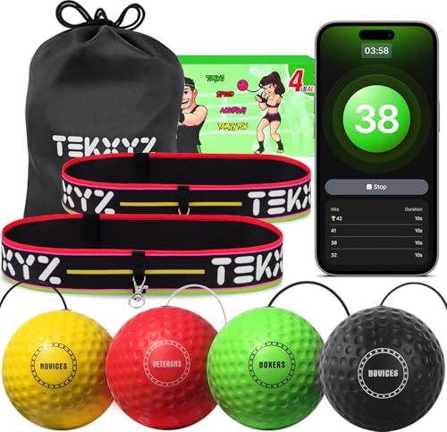TEKXYZ Boxing Family Pack – 2 Adjustable Headbands + 2 Novice Balls + 1 Veteran Ball + 1 Boxer Ball and More