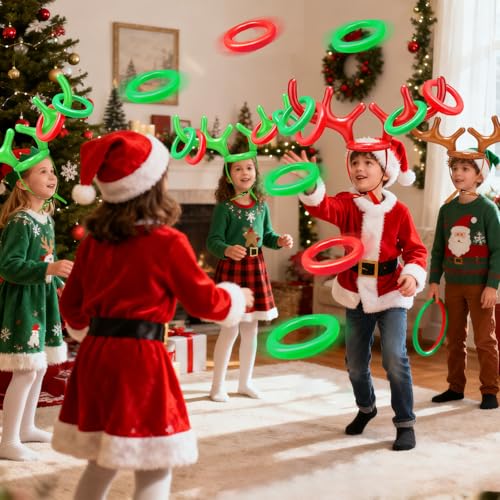 18 Pcs 3 Set Inflatable Reindeer Antler Ring Toss Christmas Party Games Kids Family Toys Stock Stuffer Christmas Activities Decorations Carnival Supplies Gifts Grandkids- 3 Antlers 12 Rings 3 Red Nose