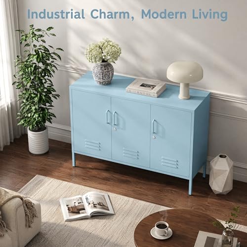 32" Blue 3 Door Lockable Metal Cabinet, Freestanding Heavy Duty Storage Locker with Adjustable Shelves for Home Office Kitchen Living Room - color: Blue, style: 32"H-Cabinet-TH