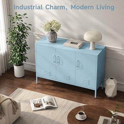 32" Blue 3 Door Lockable Metal Cabinet, Freestanding Heavy Duty Storage Locker with Adjustable Shelves for Home Office Kitchen Living Room - color: Blue, style: 32"H-Cabinet-TH