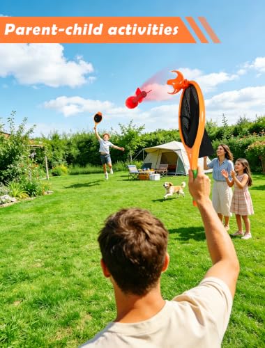 Launch & Catch Ball Set for Kids, Toss and Catch Outdoor Game with 2 Elastic Paddles, 1 Foam Football, 4 Soft Balls and Carry Bag, Solo Practice or Family Backyard Game for Beach and Lawn Play