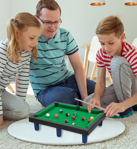 Mozlly Miniature Pool Table Set - Adult and Kids Billiard Set, Mini Pool Table Classic Playtime Set, Includes Portable Small Table, Balls, Cues, and Triangle - 8.1x4.5 Inches