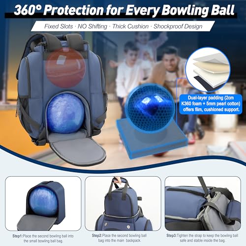 2-Ball Bowling Backpack with Shoe Storage – Heavy Duty Padded Travel Bag - color: Navy