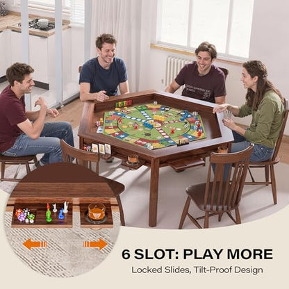 LAUSAINT HOME Board Game Table, 59" Hexagon Gaming Table with Removable Table Top & Play Mat for 6 Players, Includes Detachable Cup Holders and Trays for Dining, Card, DND, Poker in Walnut - size: Hex Table