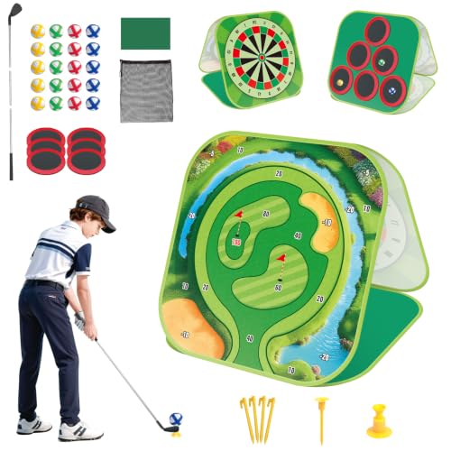 Golf Chipping Game Set Kids Backyard Golf Practice Set w/3-Sided Hitting Mat,20 Balls,6 Discs,Golf Club &4 Ground Stakes&Tees,4 in 1 Indoor Outdoor Family Game Sports Toy, for Boys Girls