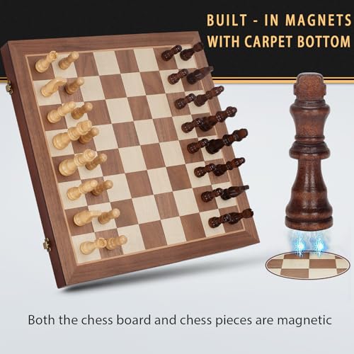 Magnetic Wooden Chess Set, 15" Folding Chess Board with 2 Extra Queens, Portable Travel Chess Set with Pieces Storage Slots, Beginner Chess Board Game for Adults & Kids
