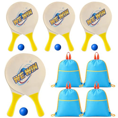 Junkin 4 Pairs Beach Paddle Ball Set Badminton Rackets Funny Paddleball Rackets Game with 8 Racket 4 Paddle Ball 4 Drawstring Bag for Indoor Outdoor Summer Sports Toys Game Backyard Park Camping Yard