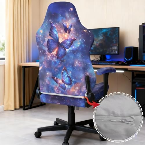 Suobstales Galaxy Butterfly Pattern Gaming Chair Cover with Armrest Covers 4 Pieces Stretch Racing Computer Chair Slipcover Set for Reclining Racing Gaming Chair - color: Galaxy Butterfly