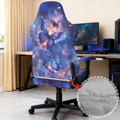 Suobstales Galaxy Butterfly Pattern Gaming Chair Cover with Armrest Covers 4 Pieces Stretch Racing Computer Chair Slipcover Set for Reclining Racing Gaming Chair - color: Galaxy Butterfly