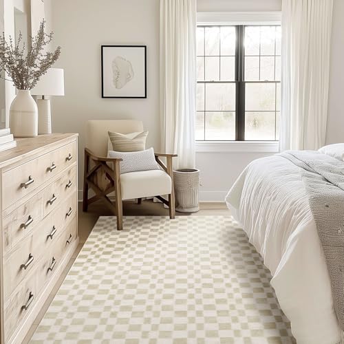 EVERGRACE Checkered Plaid Area Rug - Soft Faux Wool, 9x12, Washable, Anti Slip, Large, for Entryway, Bedroom, Living Room, Hallway, Kitchen, Dining Room and Laundry, Beige - color: Beige, size: 9' x 12' (Rectangular)
