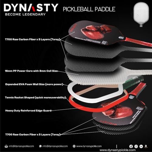 Dynasty Heavyweight/Feather T700 Triple-Layer Raw Carbon Fiber + Friction Surface 16mm Aero *Gen 3.5 All-Court Power Pickleball Paddle* / Hall of Famer 18K *Control+Spin* - color: Heavyweight T700 Red Crimson