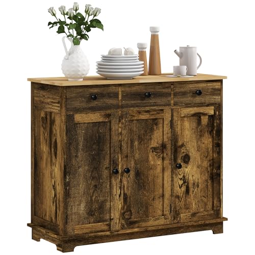 HOMCOM Sideboard Buffet Cabinet with Solid Wood Countertop, Modern Kitchen Storage Cabinet, Coffee Bar Cabinet with 3 Drawers, Doors and Adjustable Shelf, Rustic Brown - color: Rustic Brown, size: 39.75" x 15.75" x 33.5"