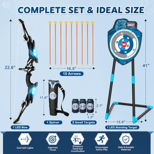 VROGTIK Kids Bow and Arrow Set, LED Light Up Archery Toy with Standing Target, 10 Suction Cup Arrows & Quiver, Indoor Outdoor Backyard Games, Birthday Gifts for Boys Girls Ages 3-12 - color: Blue