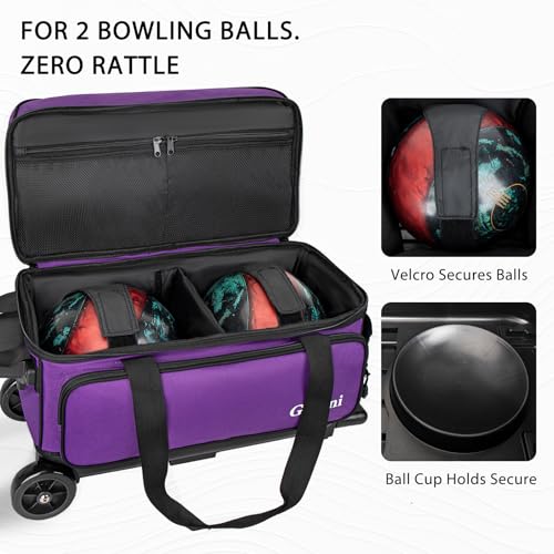 Goloni Double Roller 2 Ball Bowling Bag with Separate Shoe Compartment,2 Ball Bowling Bag with Wheels,Retractable Handle Extends to 40" - color: Purple