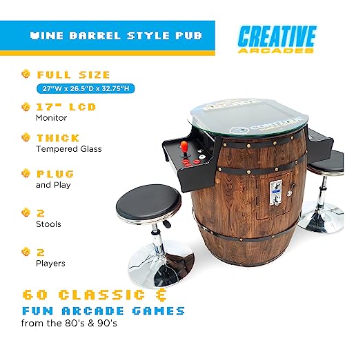 Creative Arcades Full-Size Commercial Grade Wine Barrel Style Pub Arcade Machine | Standard/Medium/Large | Classic Games | 2 Sanwa Joysticks | 2 Stools (Large, 60 Game, 19" Screen, Woodgrain) - color: Woodgrain, size: Large, 60 Game, 19" Screen