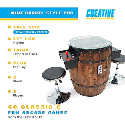 Creative Arcades Full-Size Commercial Grade Wine Barrel Style Pub Arcade Machine | Standard/Medium/Large | Classic Games | 2 Sanwa Joysticks | 2 Stools (Large, 60 Game, 19" Screen, Woodgrain) - color: Woodgrain, size: Large, 60 Game, 19" Screen