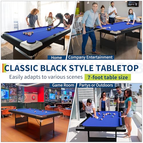 CuisinSmart 6-7 Ft Foldable Billiards Tables, Portable Pool Table, Billiards Tables for Adults Full Size, Outdoor Pool Table Includes Full Set of Balls, 2 Cue Sticks, Chalk and Felt Brush (Blue, 6FT)