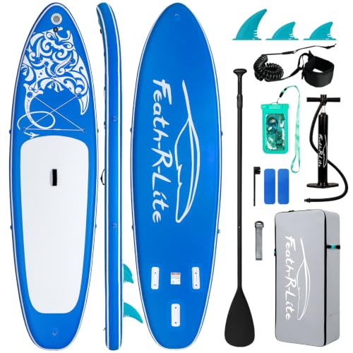 FEATH-R-LITE Inflatable Paddle Board Stand Up Paddleboards for Adults SUP with Premium Accessories Pump, Adjustable Paddle, Leash, Three Fins, Backpack - style: Dark Blue