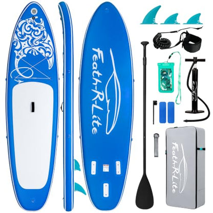 FEATH-R-LITE Inflatable Paddle Board Stand Up Paddleboards for Adults SUP with Premium Accessories Pump, Adjustable Paddle, Leash, Three Fins, Backpack - style: Dark Blue