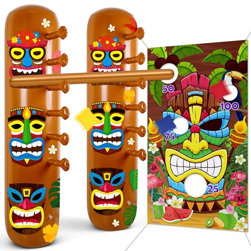 2 Sets Hawaiian Luau Party Decorations – Summer Tiki Theme Inflatable Limbo with Toss Game Set for Adults, Pool Party, Tropical Beach Birthday Accessories