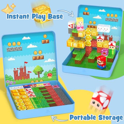 49PCS Mini Magnetic Tiles Travel Toys for Kids Ages 4-8, Magnetic Building Blocks Adventure Set with Portable Iron Storage Box & Play Base, STEM Learning Activities for Toddlers 3-5 - style: Game Magnetic Building Blocks Travel Set Toys - 49PCS