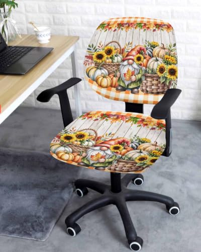Savannan Office Chair Cover, Pastoral Fall Leaves Pumpkin Gnome Protective Stretch Elastic Universal Cover for Desk Task Chair,Computer Rotating Chair 1 Pcs Orange Plaid Grey Wooden