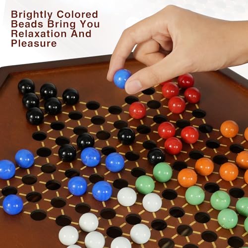 Chinese Checkers 15" x 13" Large Wooden Checkers Board Game Includes 16mm 60+12 Colorful Glass Marbles,Classic Strategy Family Board Game for Adult,Walnut