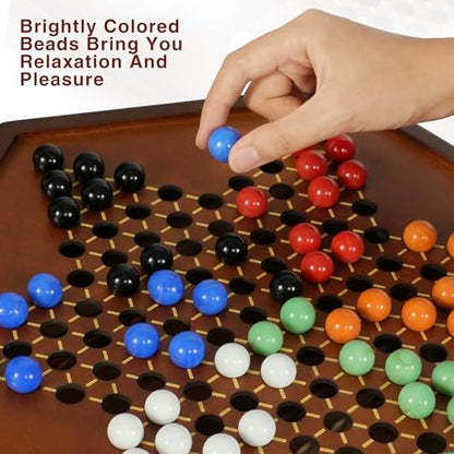 Chinese Checkers 15" x 13" Large Wooden Checkers Board Game Includes 16mm 60+12 Colorful Glass Marbles,Classic Strategy Family Board Game for Adult,Walnut