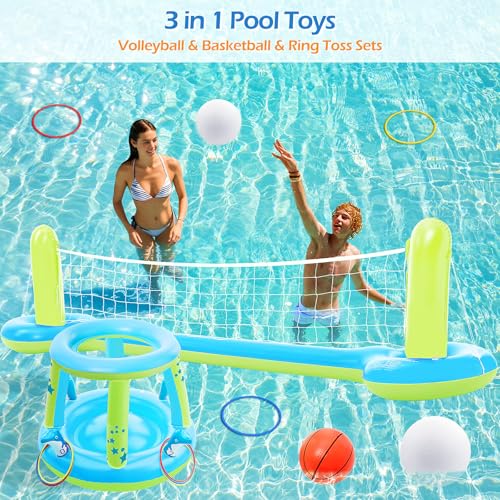 Jasonwell Pool Toys Games Set - 3 in 1 Pool Volleyball Net Basketball Hoop Ring Toss Game Inflatable Floats Water Floating Volleyball Swimming Pools Party Game Gift Kids Teens Adults (Blue&Yellow, L) - color: Blue&yellow, size: Large
