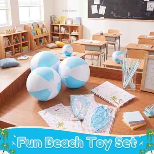MiniInflat 24 Set End of Year Classroom Students Gifts from Teacher 10 Inch Inflatable Beach Balls Bulk Jumbo Big Beach Balls for Kids Summer Swimming Party Favor Water Games Supplies - color: Blue,White