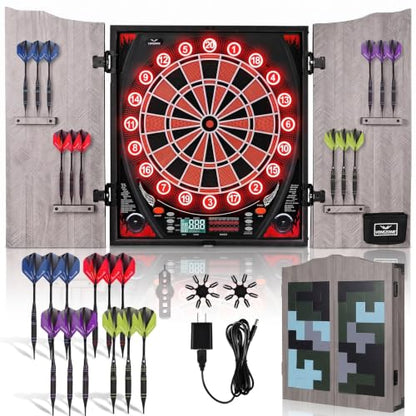 Electronic Dart Board Cabinet, Soft Tip Dartboard Cabinet Set for Adults, LED Scoring Dartboard with 34 Games & 355 Variants, Up to 8 Players, 12 Darts, 50 Tips, Wall Mount for Bar Game Room Man Cave