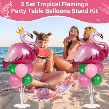 2 Sets Summer Tropical Flamingo Balloon Column Stand Kit with 102 Pink Green Flamingo Foil Balloons 5.57ft Balloon Tower Stand with Base Arch Column for Birthday Wedding Hawaiian Luau Party Decortions - style: Flamingo