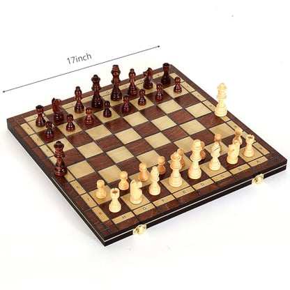 Large 17-Inch Magnetic Wooden Chess Set - Perfect for Adults and Beginners Handcrafted Unique Folding Design Board Games