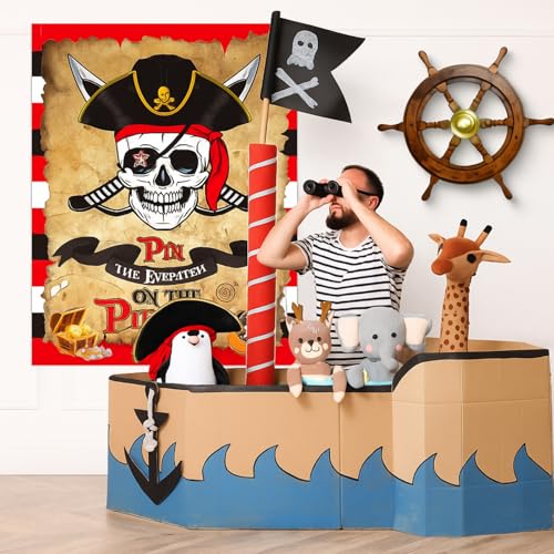 Faccito Pirate Party Games Pin The Eye Patch on The Pirates Birthday Decorations Pin Games Set Include Skull Poster 24 Stickers and Blindfold for Pirates Birthday Party Decorations Activities Supplies - style: Pirate