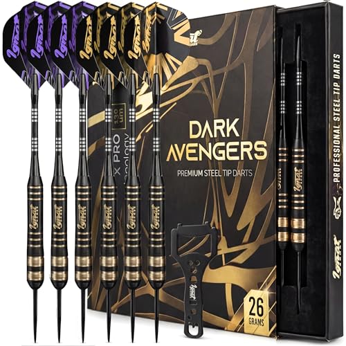 Steel Tip Darts, 6 Pack Knurled Brass Barrels with EVA Case, Darkborn | 16 GlideXPro 130 micron flights, aluminum shafts w/ O-rings, sharpener, dart tool, ebook, 10-yr warranty - color: Lilac - Dark Avenger
