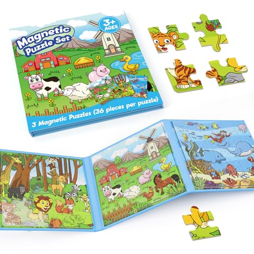 Kasfalci Magnetic Puzzles for Toddlers 3-5,36 Pieces Travel Puzzles Games for Kids,Airplane Car Road Trip Activities,Activity Book,Animal Magnet Toys for 3 4 5 6 Year Old Boys Girls Birthday - color: Blue