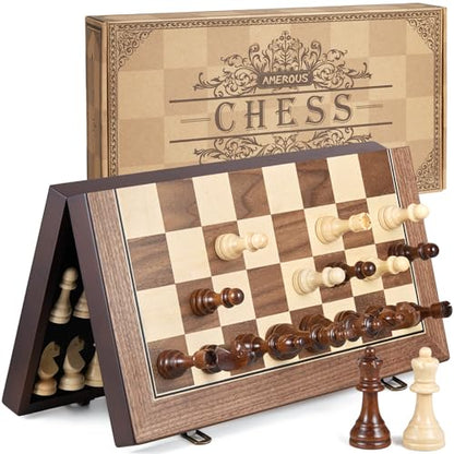 AMEROUS 17'' Magnetic Wooden Chess Set for Adults Kids - with Folding Board, Gift Package, Pieces Storage Slots, Handmade Pieces,Chess Board Game Set for Tournament Professional Beginner - size: 17 inches
