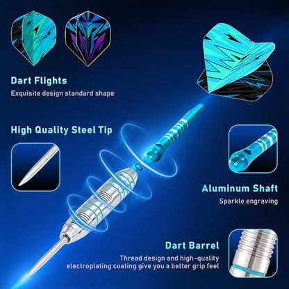 XAWU 3 Pack Steel Tip Darts Set Professional Darts 22g, 24g with 9 Dart Flights 3 Aluminum Shafts 3 Spare Shafts 1 Dart Sharpener 12 Rubber O-Rings Flight Protector and Darts Case - color: 24g Moonlight Blue