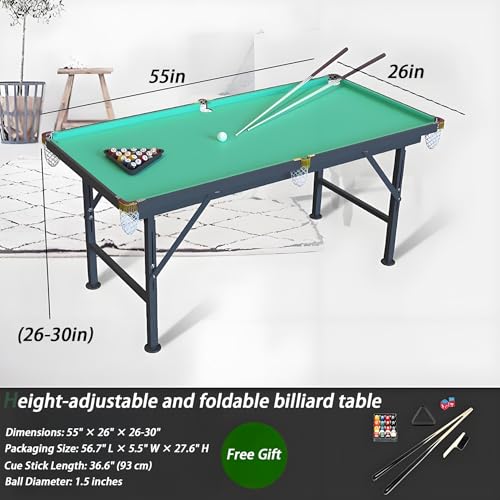 55" Foldable Billiard Table for Kids & Adults - Safe Anti-Collision Design, 330 Lbs Load Capacity, Includes Balls, Cues, Chalk & Brush - Portable Wooden Pool Table for Indoor Outdoor Use - size: 55inC