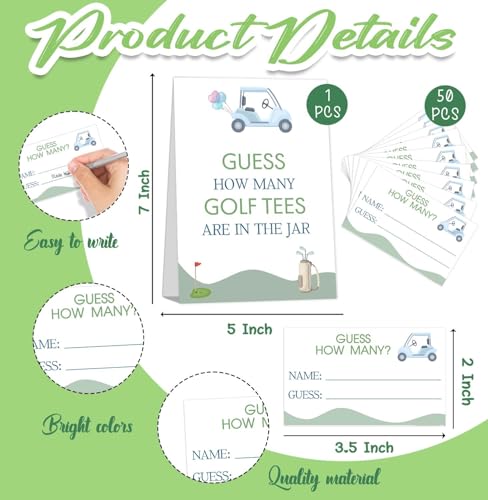 GOLF Brithday Decorations, Guess How Many Golf Tees Are in the Jar, Suite for Birthday Party Bridal Shower Wedding Activit, 50 Cards and Sign - size: 5" x 7" (sign), 3.5" x 2" (guess cards)