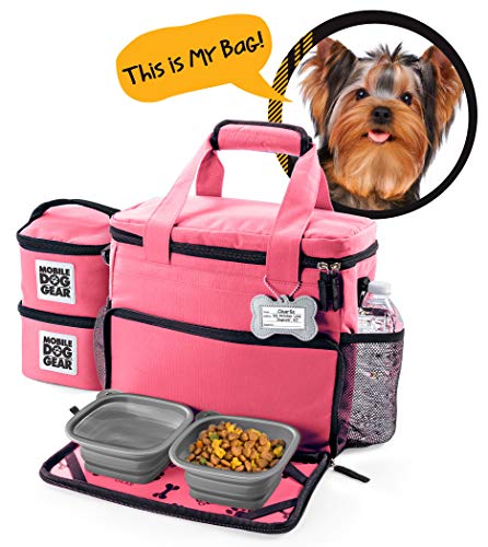Mobile Dog Gear, Week Away Dog Travel Bag for Small Dogs, Includes Lined Food Carriers and 2 Collapsible Dog Bowl, Pink - color: Pink, size: Small