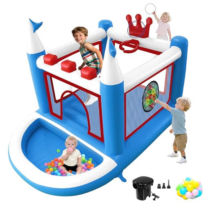 Kids Bounce House with Ball Pit, Basketball Hoop, Target Game and Ring Toss Game PVC Jumping Castle with Electric Air Pump 98”x 70”x 65” Trampoline for Ages 3-8 Indoor or Outdoor Play