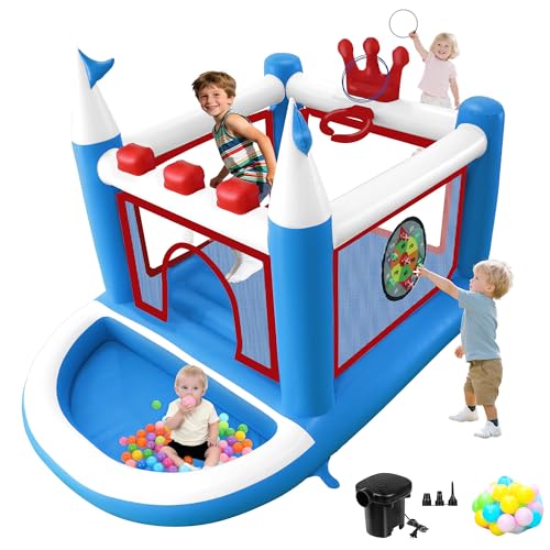 Kids Bounce House with Ball Pit, Basketball Hoop, Target Game and Ring Toss Game PVC Jumping Castle with Electric Air Pump 98”x 70”x 65” Trampoline for Ages 3-8 Indoor or Outdoor Play