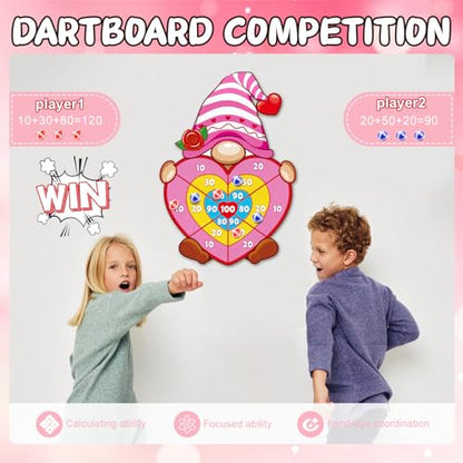 Valentine Gift for Kids, Pink Cartoon Dwarf Dart Board with 12 Sticky Balls Valentines Games, Large Kids Valentines Day Gifts for Boys Girls Toddlers, Valentines Games for Kids Party Classroom - style: Valentine's Day