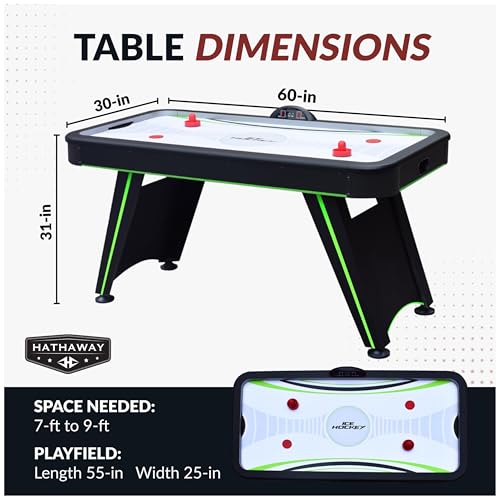 Hathaway Voyager 5 Ft Air Hockey Table for Home Game Room - with LED Scoring, High-Output Blower, Reinforced Legs, Strikers & Pucks - Black and Neon Green Finish