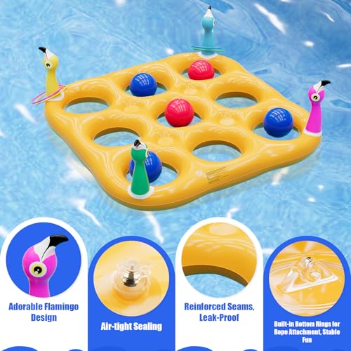 Flamingo Pool Toys Games Set, 2-in-1 Giant Inflatable Tic Tac Toe Float Game & Ring Toss Game with 10 Balls & 6 Rings, Outdoor Summer Fun Beach Yard Swimming Pool Games for Adults Teens Kids 6+ - style: Flamingo